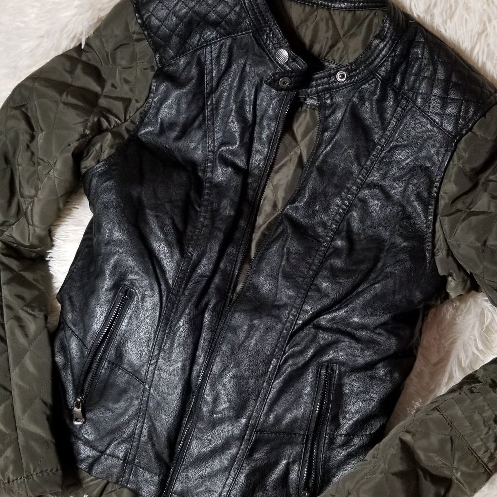 Olive green and black faux leather jacket